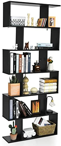 GIANTEX Librería en Forma de S, Estantería para Libros con 6 Estantes, 80 x 23 x 191 cm, Estantería de Almacenamiento Multifuncional, Diseño Antivuelco, para Salón, Estudio (Negro)