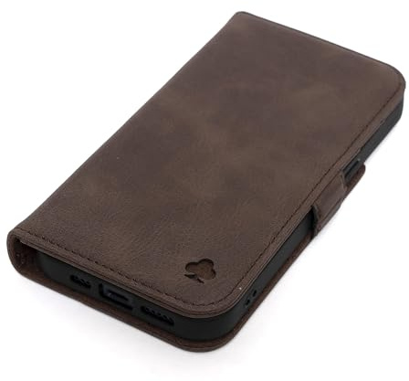 Porter Riley–Lederhülle für das iPhone 13 Mini (5,4 Zoll) Hochwertiges Echtleder-Ständer-/Cover-/Brieftaschen-/Klappetui mit Kartenfächern, horizontalem Standfuß und robustem Rahmen (Schokoladenbraun)