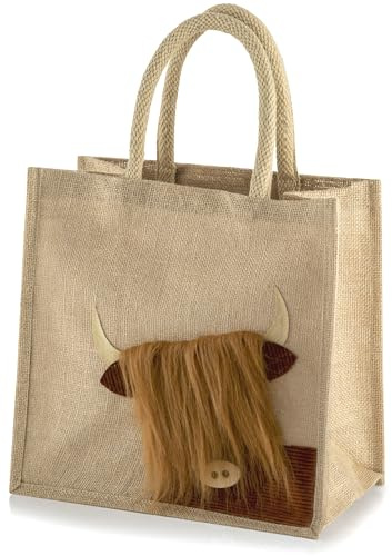 Yellowboots Jute Shopping Bag - Highland Cow (Medium 30 x 30 x 20 cm), Natural