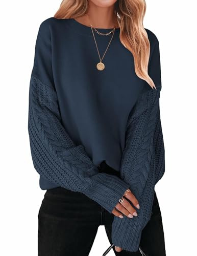 ZESICA Women's 2025 Fall Long Sleeve Crew Neck Solid Color Cable Knit Chunky Casual Oversized Pullover Sweater Tops Navy X-Large