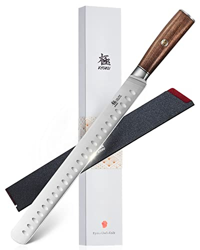 KYOKU 12 Slicing Knife, Daimyo Series Brisket Knife for Meat Cutting with Rosewood Handle, Japanese Style 440C Stainless Steel Meat Carving Knife for BBQ Turkey Ham Rib Roast with Sheath and Case