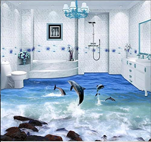 Autocollant De Sol Étanche Autocollant Personnalisé Ocean Wave Spray Dolphin 3D Carrelage Peinture Au Sol, 300 * 210Cm