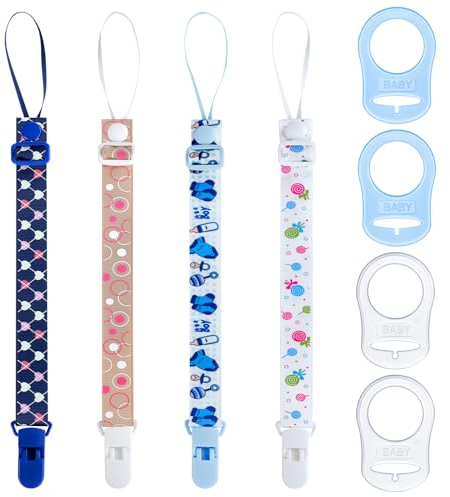 Aolso Baby Schnullerkette Clips Schnullerband, 4pcs Baby Schnullerketten mit Halter Clip Mädchen und Jungs, Schnullerkette für Lätzchen Dreieckstuch Sauger-Blau(einstellbar)