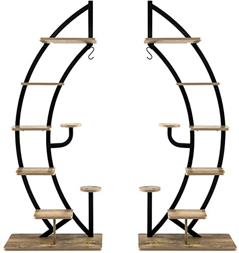 GYMAX Scaffale per Piante a 7 Livelli, Portafiori a Mezza Luna con Gancio, Dispositivo Antiribaltamento, per Balcone, Terrazza, Giardino, 60 x 30 x 155 cm (Nero, Stile 3)