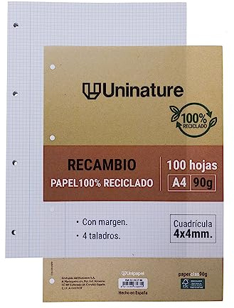 Unipapel Packung mit 100 Blatt aus 100% recyceltem A4-Papier, kariert mit Rand, sehr robustes Papier, 90 g