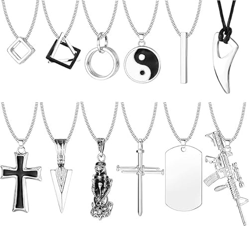 JeryWe 12Pcs Cool Goth Halskette Set für Männer Junge Schwarz Silberne Halskette Schmuck Geschenke Funky Kreuz Hundemarke Yin Yang Dreieck Anhänger Kette Halskette Set