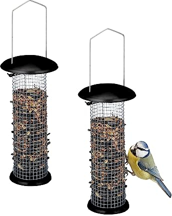 Relaxdays Vogelfutterstation 2er Set, zum Aufhängen, Futtersäule für Wildvögel, HxD: 33 x 10 cm, Metall, schwarz/Silber