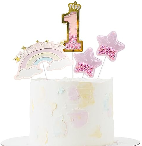 Sotpot 4pack 1st Birthday Cake Toppers Rainbow Little Stars for Birthday Party Wedding Anniversary Baby Shower Decoration Pink