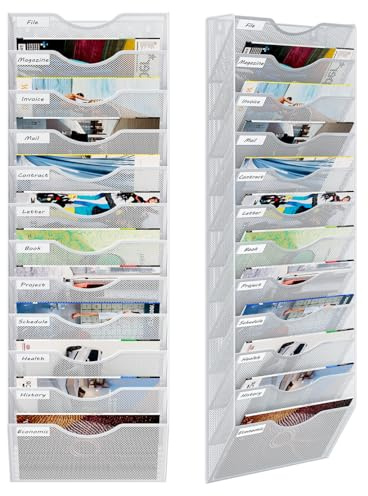PAG-Mass 12 Fächern Hohe Kapazität Document Wand Organizer Hängend,Hohe Qualität Metall Zeitschriftenhalter Wand für Büro/Studium/Zuhause,Weiß