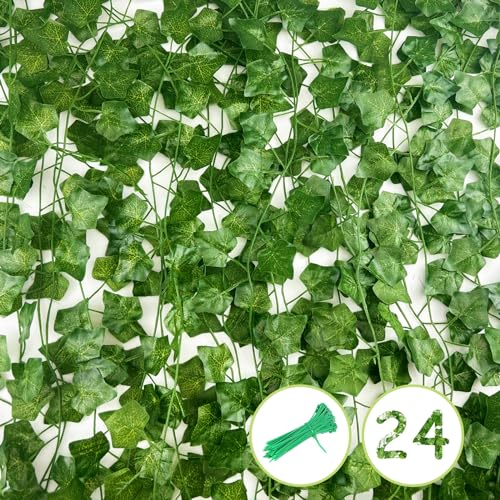 Nutabevr Pack of 24 Ivy Artificial Garland, 2.2m Lang Girlande Gefälschte Pflanzen mit 50 Grün Kabelbinder, Grünpflanzen Deko Wartungsfreie Künstliche für Küche, Hochzeit, Garten, Wanddekoration