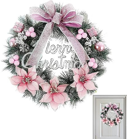 Hilai Christmas Decorations,Christmas wreath, Christmas Wreaths 11.81 inch Front Door Wreath Decoration with Bow Flowers Ball for Indoor Outdoor Pink