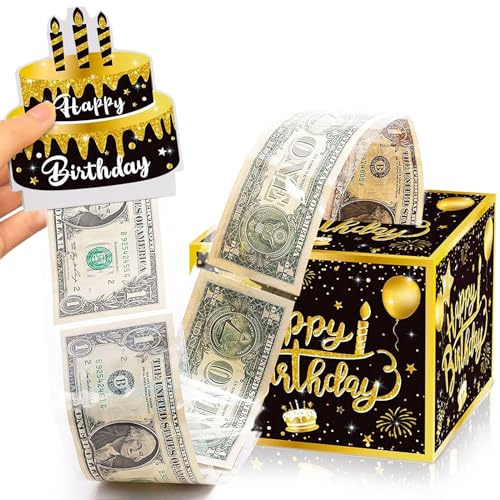 Geldgeschenk Happy Birthday Geschenkbox DIY Geburtstag Geschenkverpackung Geldgeschenke Box Rätselbox Verpackung für Freunde Kinder und Erwachsene Geld Rolle Überraschungsbox (Schwarz-Gold)