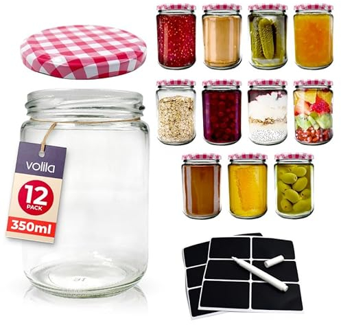 volila Jam Jars with Lids - 350ml Round Jam Jars with Red Gingham Screw Top Lids - Airtight Jars with Lid for Jam, Preserves, Marmalade and Pickle - Preserving Jars with Labels and Pen (12 Pack)