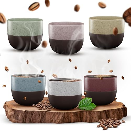 ElbFuchs® Set di tazze da espresso, 6 x 120 ml, realizzati a mano, impilabili, in ceramica, senza manico, per caffè e moca (colorati)