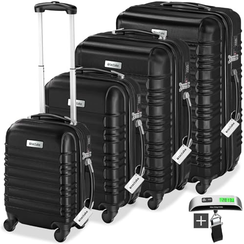 tectake® Resväska Set: 4 Hårda Resväskor Med Hjul, 360° Roterande Hjul, Kombinationslås, Förstärkta Hörn, Bagagevåg, Bagagetaggar, Handbagage Väska - Svart