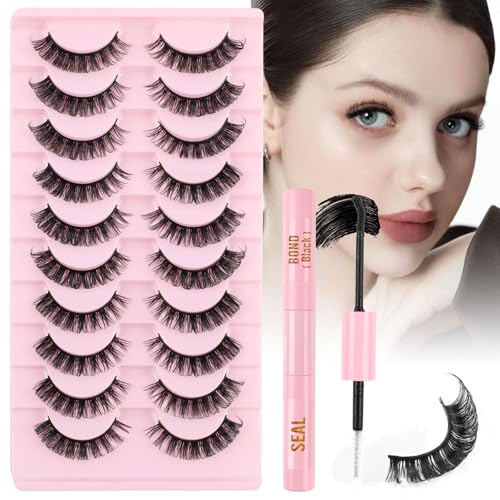 Poiuyoiu Falsche Wimpern Cat Eye Wispy, D Curl, 10 Paar Wiederverwendbar | Wimpern Set mit Bond Kleber und Versiegelung, 3D Katzenaugen-Effekt, Ideal für DIY zu Hause