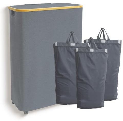 Quibbay 160L Laundry Hamper 3 Section, Extra Large Laundry Hamper with Lid, Dirty Clothes Hamper with Bamboo Handles & 3 Removable Bags, Laundry Basket with Wheels for Bedroom,Laundry Room, Grey