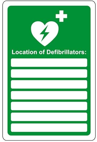 Hinweisschild Location of defibrillators – AED-Sicherheitsschild – 1,2 mm starrer Kunststoff für den Innen- und Außenbereich (600 mm x 400 mm) Sichtabstand innerhalb von 20 m.