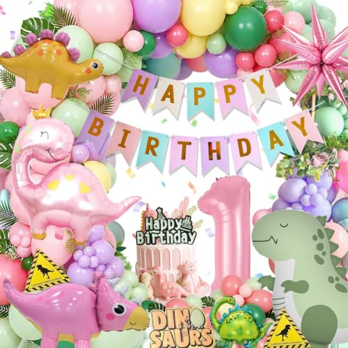 Geburtstagsdeko Dinosaurier Party Dekoration Rosa, Macaron Ballon Girlande Set mit Happy Birthday Banner für Geburtstagsfeier, Happy Birthday Deko, Dinosaurier Macaron Ballon Geburtstag Deko-1.