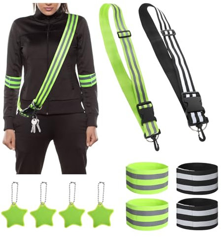 Reflektoren Kleidung Set - mit 2er Reflektierende Gürtel Einstellbar - 4er Elastische Reflektorband und 4er Reflektor Anhänger - Reflektierendes Sicherheitsarmband für Joggen Radfahren Hundewandern