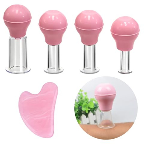 VEGCOO Facial Schröpf-Set, 5 Stück Gesichtsmassage-Saugnapf + 1 Stück Gua Sha Rosenquarz, Gesichts-Schröpftherapie-Set für straffe Haut, Faltenreduzierung, Entgiftung, Lymphfluss
