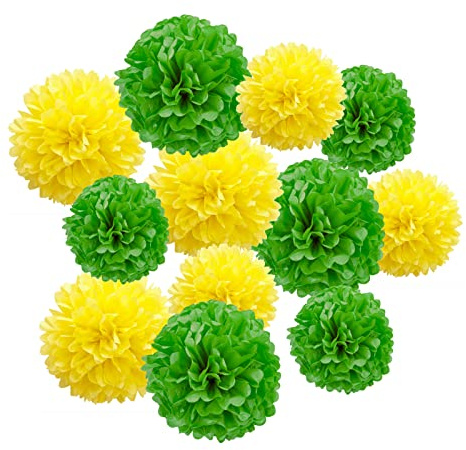 Ainmto 12 Stück Seidenpapier Pompons gelb und grün,Party Pompons Deko für Geburtstag, Hochzeit