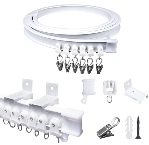 FOGAWA 2.5m Binario per Tende a Parete con 20 Clips in Ferro,Flessibile,Curvo, Binario PVC Montato Lateralmente, Sistemi di Scorrevole Binario Tende da Doccia, Divisori per Ambienti, per Camper,Bianco