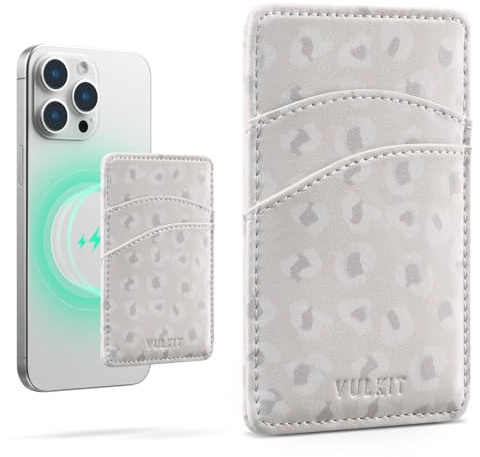 VULKIT Magnetischer Handy-Kartenhalter, schlankes Leder, Damen, RFID-blockierend, Kreditkartenhüllen, Handy-Kartenhülle für die Rückseite des Smartphones (Leopard)