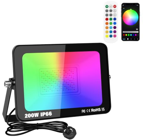 Willpower Foco LED RGBW 200W, Proyector LED Exterior Inteligente con Control de Bluetooth APP, 16 Colores 4 modos, Luz de Inundación RGB para Jardín Terraza Fiestas Halloween Navidad, con Enchufe