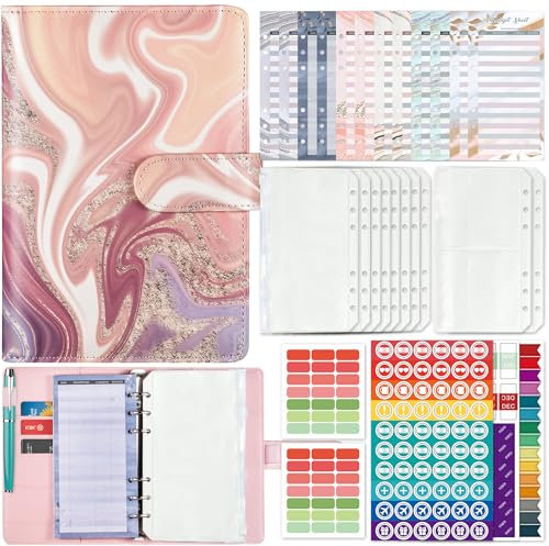 A6 Budgetplaner Ringbuch, Budget Planner mit Challenge Tracker, farbige Trennblätter, Etikettenaufkleber, Sparbuch für Tagebuch, 8 klare Umschläge mit Reißverschluss für Pässe, Quittungen, Fotos, Rosa