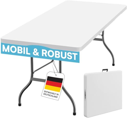 STEELSØN Zennar Gartentisch 180x74 cm, Weiß, Kunststoff, für 8 Personen | Campingtisch, Buffettisch wetterfest, Klapptisch mit Tragegriff, Partytisch, Garten, Terrasse & Balkon, Outdoor Gartentisch