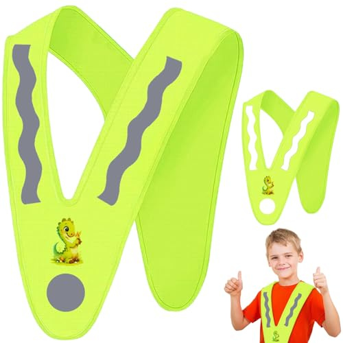 Huahuanghui Chaleco de Seguridad niños, 2PCS Chaleco de Seguridad Reflectante, Dinosaurio Chaleco Reflectante Niños, Reflectante Visibilidad a 360°, Chaleco de Alta Visibilidad, para niños 3-12 años