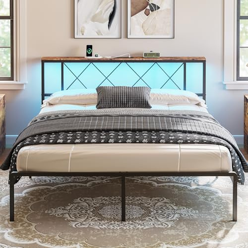 IRONCK Bett 160x200 mit LED Beleuchtung, Bettgestell 160x200 mit Steckdose, 1 USB, 1 Typ-C-Anschlüsse, Metallbett mit Kopfteil und Stauraum, Jugendbett, Doppelbett mit Metal Lattenrost
