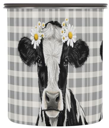 Quteprint Boîtes de rangement pour café en acier inoxydable avec couvercle hermétique, motif vache et marguerite - 500 ml - Boîte de rangement pour le thé, les grains de café, le moulu, le sucre