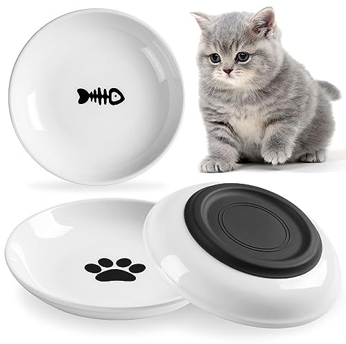 Wellbro Ceramic Cat Bowls, 3Pcs Whisker Friendly Shallow Food Bowls for Kittens, Cat Dishes Plates with Non-Slip Silicone Base‌ (Shallower-3 PACK)