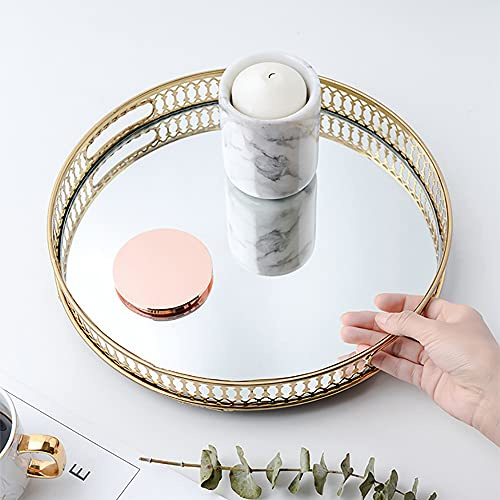 Rund dekorativ bricka – spegelbricka guld makeup smycken arrangör med handtag kosmetisk bricka modern för födelsedagar, bröllop, mors dag 32 x 4 cm