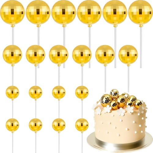 ASTARON 20 pièces Décorations de gâteaux en forme de boule de disco, boules dorées pour gâteaux, décorations de gâteaux pour les anniversaires, jubilés, retraites, nouvel an, fêtes à thème disco et