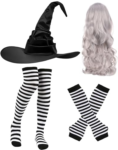 PartyforU Hexenhut Damen Halloween Faschingskostüme Karneval 4 Stück Silberne Hexenhüte Set Lang Lockiges Perücken Gestreifte Strumpfhosen Hochsocken Armwärmer für Frauen Mädchen Kostümierung