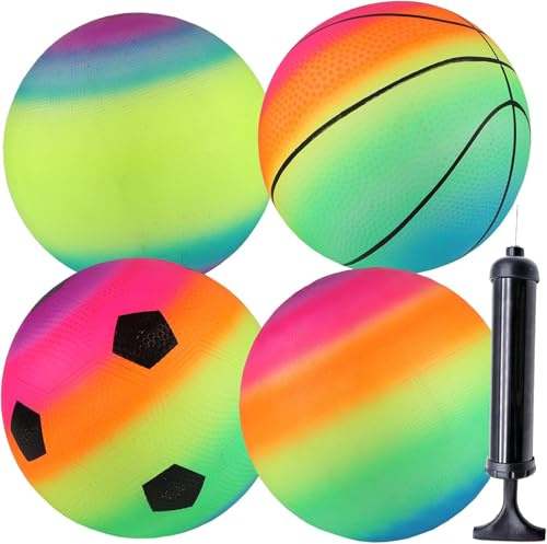 Rainbow Ball,Dodge Ball, Playground Balls Kickballs 8.5 Inch, Rainbow Playground Ball Set For Kids And Adults,Dodgeball Kick Balls Handball For Indoor & Outdoor Schoolyard Games With Hand Pump(4 Pack)