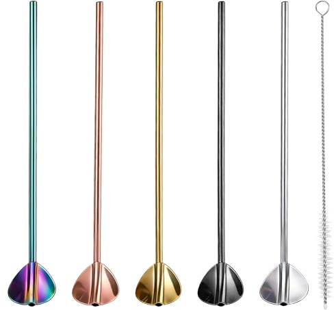 Pajitas De Cuchara De Acero Inoxidable Pajitas Reutilizables 2 en 1 con 1 Cepillos de Limpieza para Batidos Batidos Cócteles y Bebidas 5 Piezas (Mariposa)
