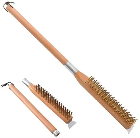 SPOKKI Pizzaofenbürste 2 in 1 mit Edelstahl-Pizzasteinschaber, Messingborsten & Aufhängerring, Buchenholzgriff, 63.5 cm, ideal für Pizzaofen- und Pizzastein-Reinigung im Outdoor- und Heimbereich