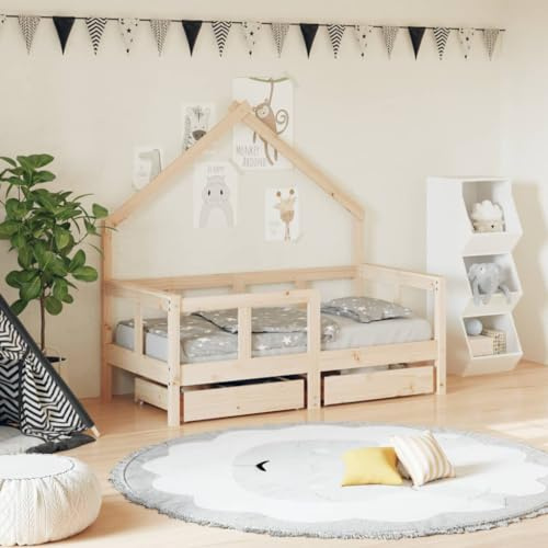 IBUQDDV Kinderbett mit Schubladen 70x140 cm aus Massivholz Kiefer, Hausform Design mit robusten Latten und praktischem Stauraum, 2 Schubladen für Aufbewahrung, solide Konstruktion