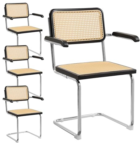 Zouron Esszimmerstühle 4er Set Rattan Stuhl Schwingstühle - Holzrahmen Freischwinger Stühle Geflochtene Rattan Rückenlehne Chrom Metallbeine Küchenstuhl - Schwarz