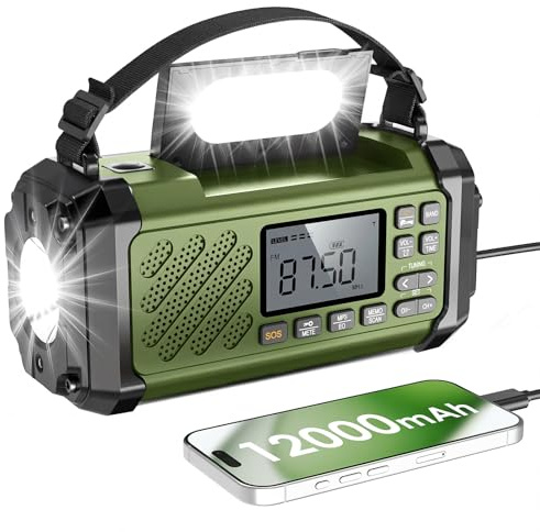 Vikeri Notfallradio mit Kurbel und Solar 12000mAh, AM/FM/SW | Tragbare Radio mit Tragegurt für Notfall, LED Camping Licht,SOS Alarm,Kompass, USB-C Handyladung