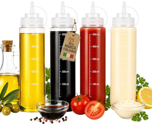AKITAInk Set 4 Bottiglie Squeeze per Salse Dosatrici in Plastica da 500 ml, Contenitori Ideali per Ketchup, Olio, Condimenti e Cucina