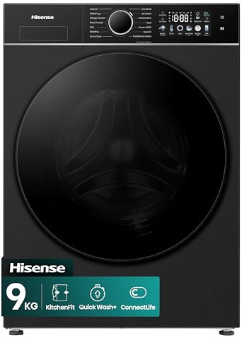 Hisense WF3I9043BBFS2 9kg Slim Washing Machine, 470mm Space-Saving Depth, WiFi Connectivity, 1400rpm Spin, A Rated Energy, Steam Function, 18 Programmes, Black