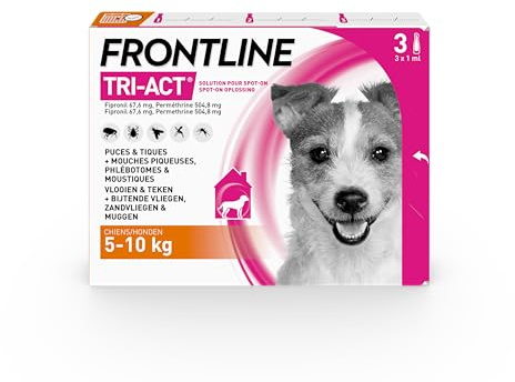 FRONTLINE Tri-Act Chien - Anti Puces, Tiques, Moustiques, Phlébotomes & Mouches - Traitement Radical En 6h - Pour Petit Chien De 5 à 10 kg - Fabriqué En France - 3 Pipettes Application Spot On