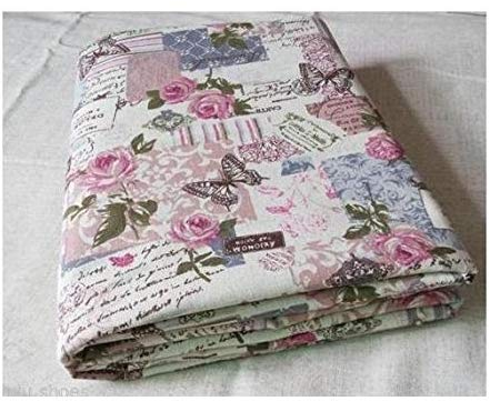 Vintage Chic French Rose Butterfly Cotton Linen Fabric - Curtains, Upholstery, Dress, Home Decor Textile - 140cm Wide (1 Meter)