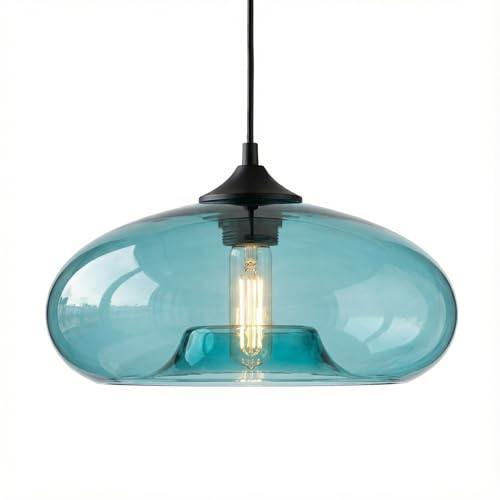 HJXDtech ​​Lámpara Colgante de Techo con Pantalla de Vidrio de 28cm - Monoluz Lámpara de Araña Industrial Vintage Loft E27 para Cocina, Comedor y Sala​​ (Azul)