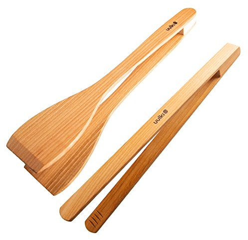 UULKI | Set di pinze per barbecue in legno di ciliegio | Pinze da cucina lunghe 30 cm | 1 giratutto per barbecue + 1 pinza giratutto per barbecue | Pinze in legno per arrostire grigliate